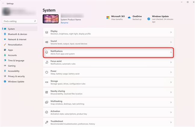 Access Windows 11 Notifications settings from the System settings menu