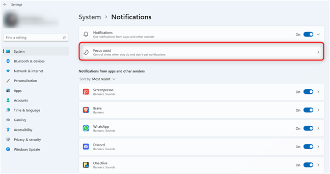 Access Focus Assist settings from the Windows 11 System>Notifications menu