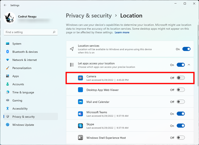 Disable location access for the Camera app in Windows 11