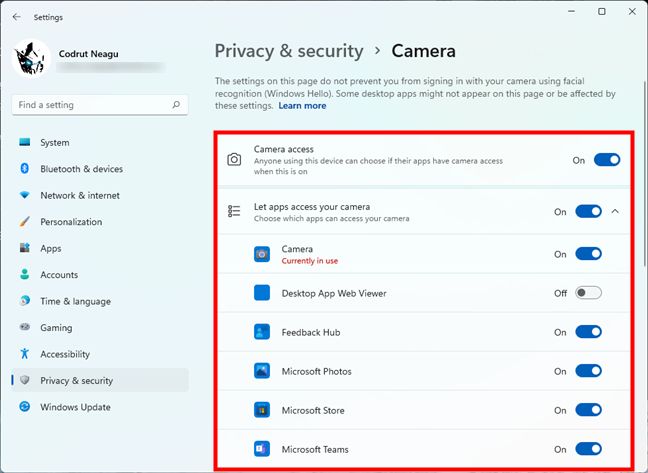 Camera privacy settings in Windows 11