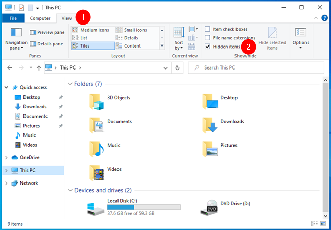 Show hidden items in Windows 10's File Explorer