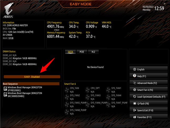 The XMP setting (disabled)