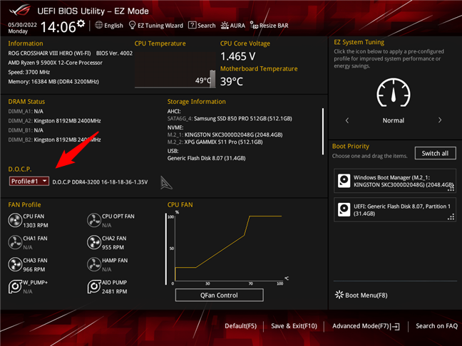 On ASUS motherboard, XMP is enabled with DOCP profiles