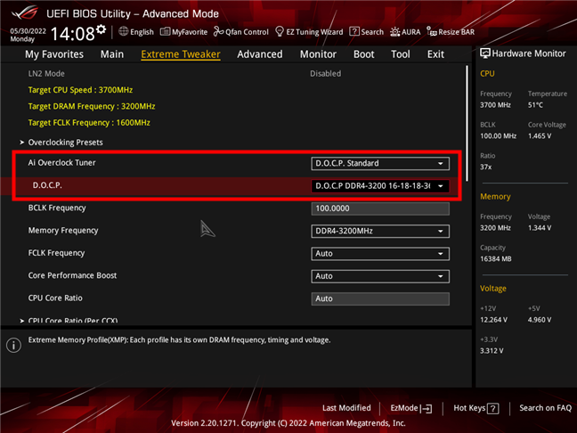 Choosing a DOCP profile in ASUS UEFI