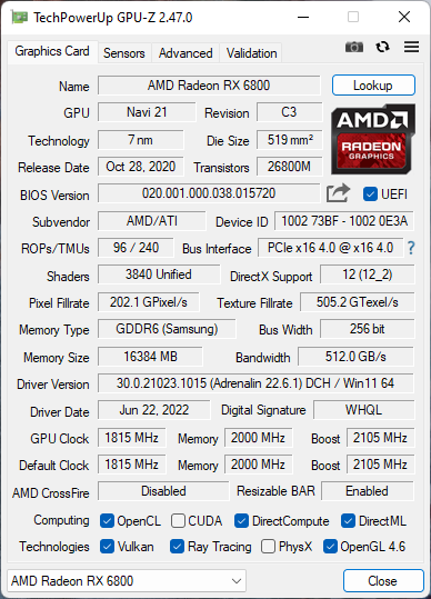 AMD Radeon RX 6800: Details shown by GPU-Z