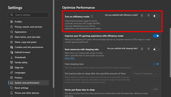 Efficiency mode in Microsoft Edge
