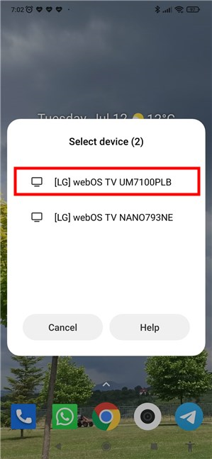 Select the TV on which to mirror the Xiaomi's screen