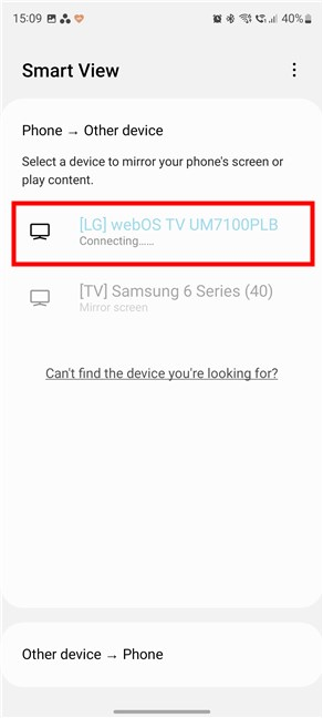 Samsung Galaxy connects to the TV via Miracast