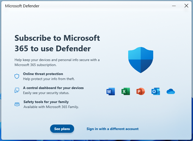Microsoft Defender requires a Microsoft 365 Personal or Family subscription