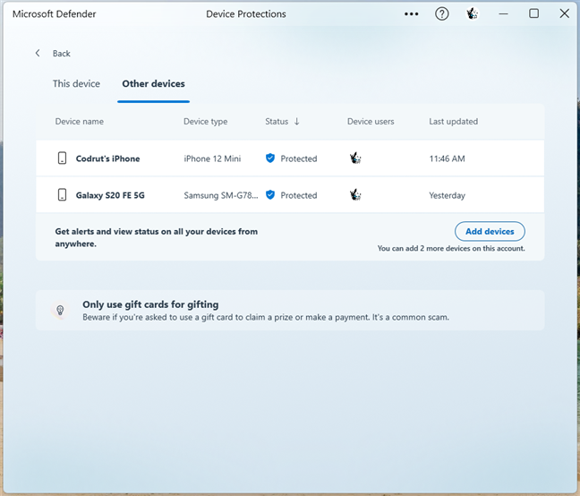 Other devices shown in Microsoft Defender for Windows