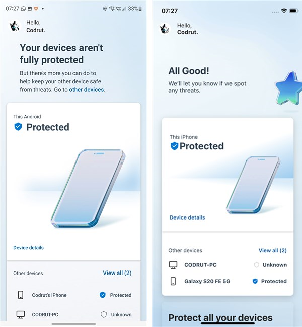 The dashboard of Microsoft Defender in Android vs. iOS