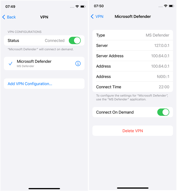 Microsoft Defender creates a custom VPN in iOS