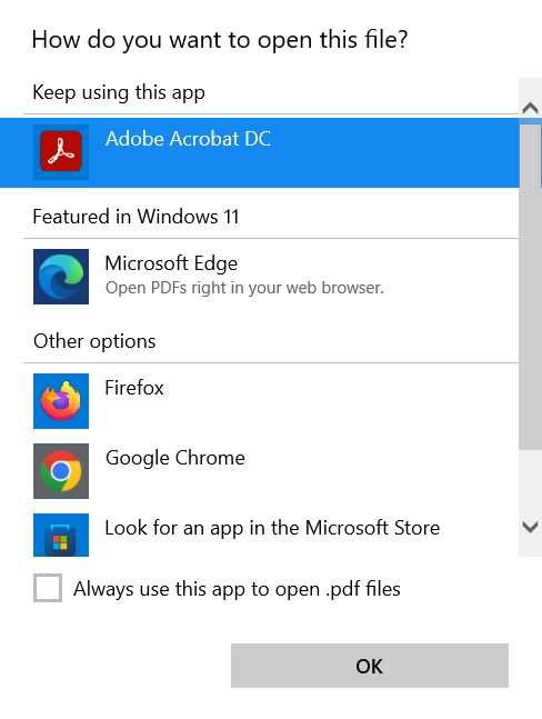 The apps shown by the Open with menu