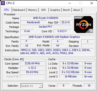 Processor details shown by CPU-Z