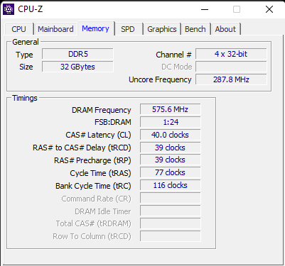 Memory information shown by CPU-Z