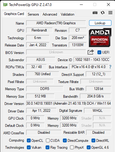 Graphics card details shown by GPU-Z
