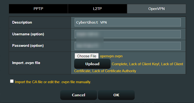 Add the connection details and upload the .ovpn file