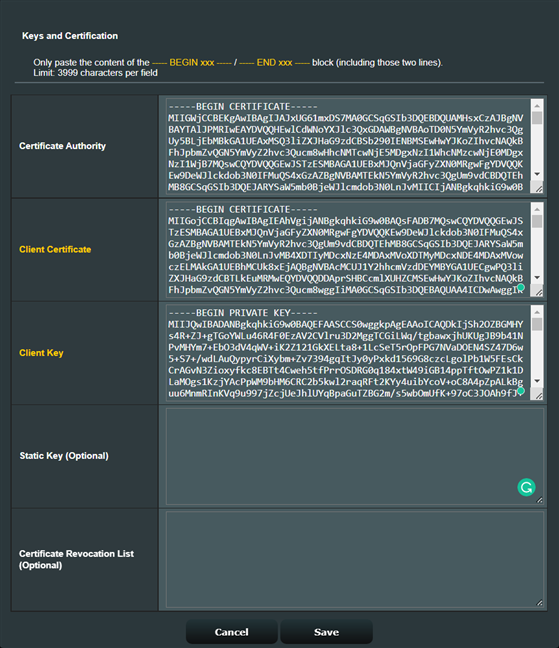 Copy and paste the Client Certificate and Client Key