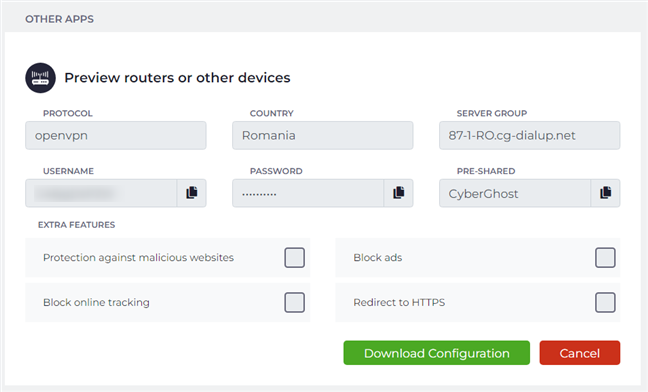 The OpenVPN access details shared by CyberGhost