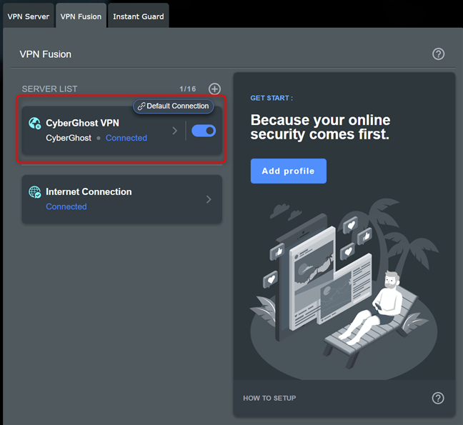 VPN Fusion is now connected to CyberGhost