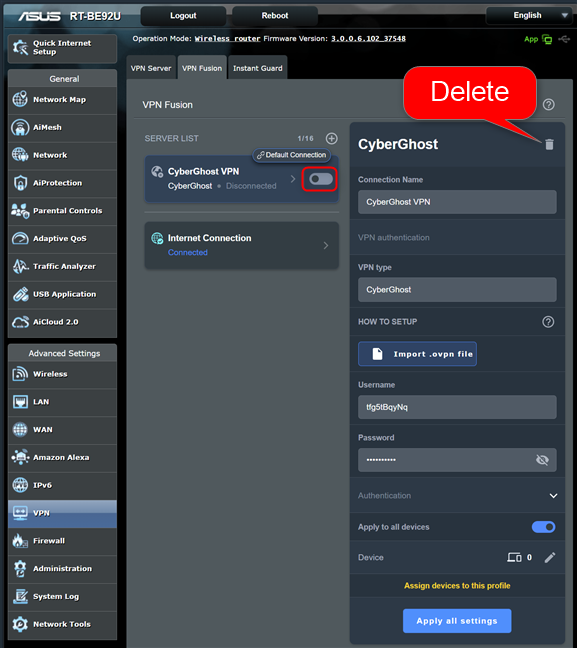 Before deleting CyberGhost, disable the connection in VPN Fusion