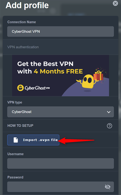 Select CyberGhost and enter the necessary details