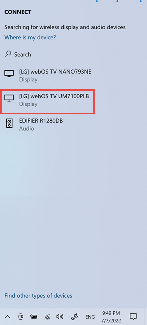 Click or tap on the name of your Smart TV to connect to it