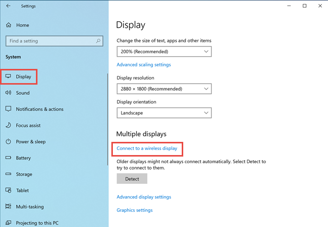 In Windows 10 Settings, click or tap on Connect to a wireless display