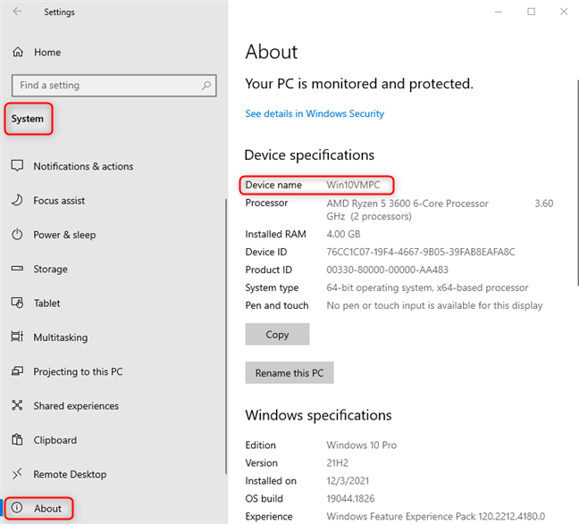 In the Windows 10 Settings, go to System > About > Device name