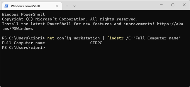 net config workstation | findstr /C:"Full Computer name"