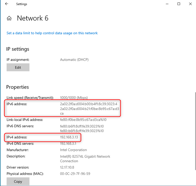 Find the IP address for an Ethernet connection in Windows 10