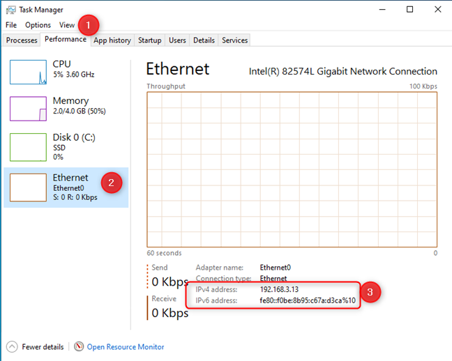 View the IP address in Task Manager (Windows 10)