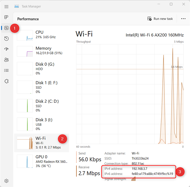 View the IP address in Task Manager (Windows 11)