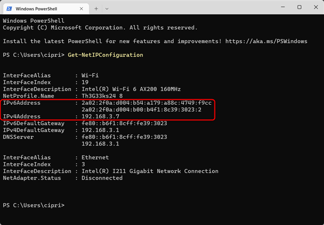 Find your IP address with Get-NetIPConfiguration