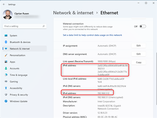 Find the IP address for an Ethernet connection in Windows 11