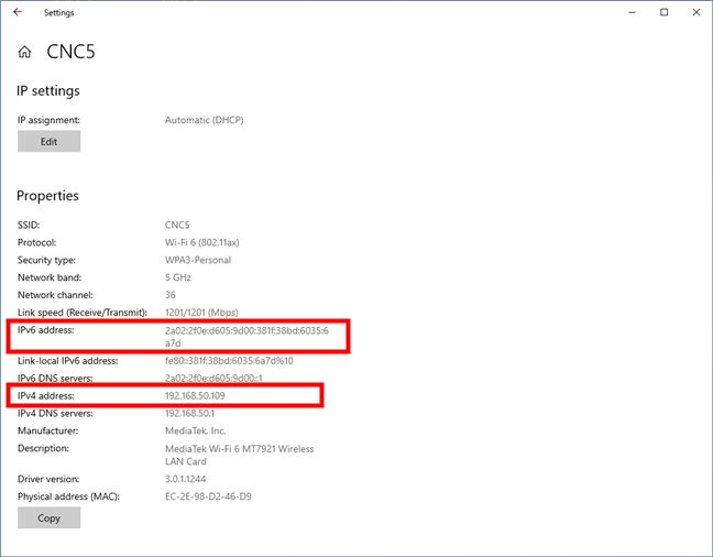 Find the IP address for a Wi-Fi connection in Windows 10