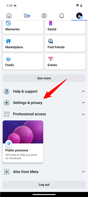 Open the Facebook Settings & privacy