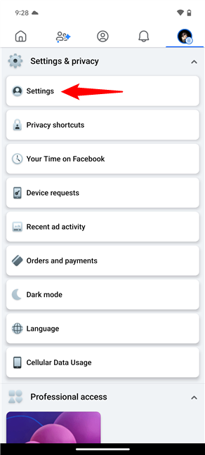 Tap on Settings in the Settings & privacy menu