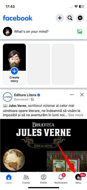 Press the Menu button in Facebook for iOS