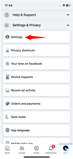 Open the Facebook Settings on an iPhone