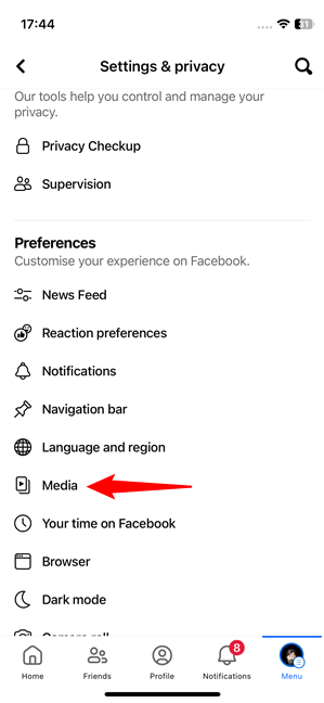 Press Media for the option to turn off sounds in the Facebook app for iPhone