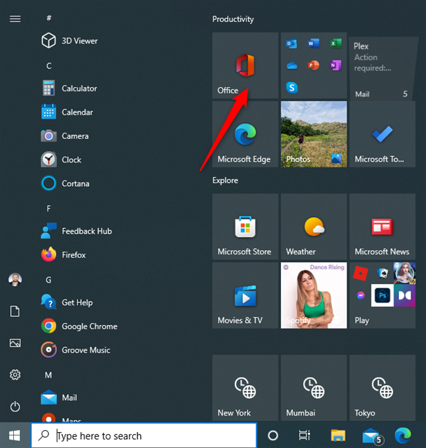 The Office app tile from Windows 10's Start Menu