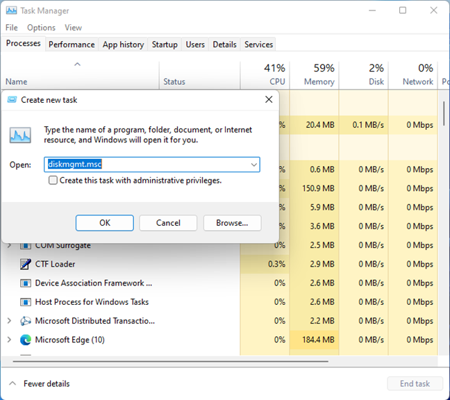 Run diskmgmt.msc from Task Manager