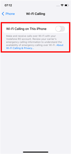 The switch to enable Wi-Fi Calling on This iPhone