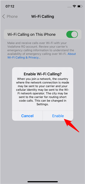 Confirmation for turning on Wi-Fi Calling