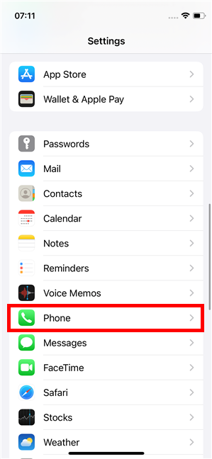 The Phone entry from the Settings screen