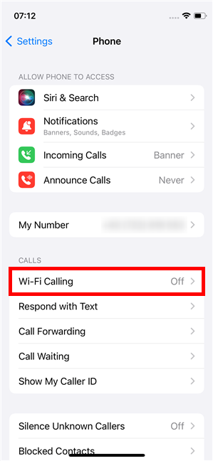Tap the Wi-Fi Calling entry on your iPhone