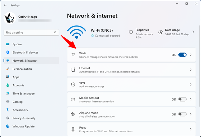 Click on Wi-Fi or Ethernet