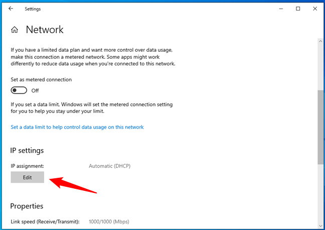 Choosing to Edit the IP settings of a network connection