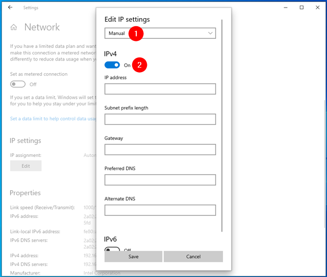 The IP settings are set to Manual, and the IPv4 switch is on